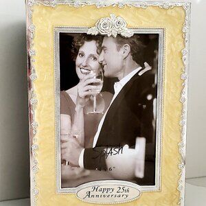 25th Anniversary Plaque Photo Album Pearly Enamel Frame Silver Roses Velvet Back